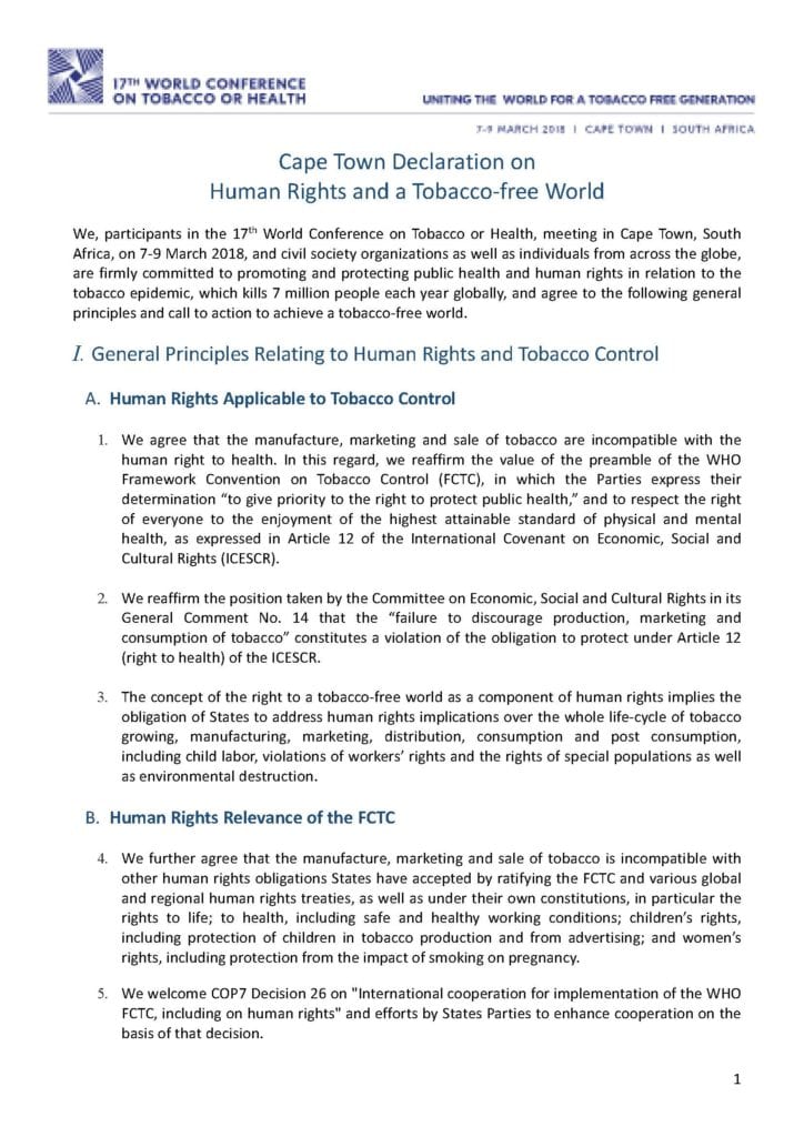 Cape Town Declaration on Human Rights and a Tobacco-free World