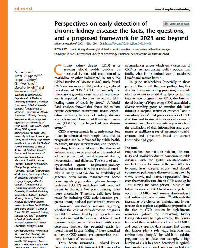 Perspectives on Early Detection of Chronic Kidney Disease: Thes facts, the Questions, and a Proposed Framework for 2023 and Beyond