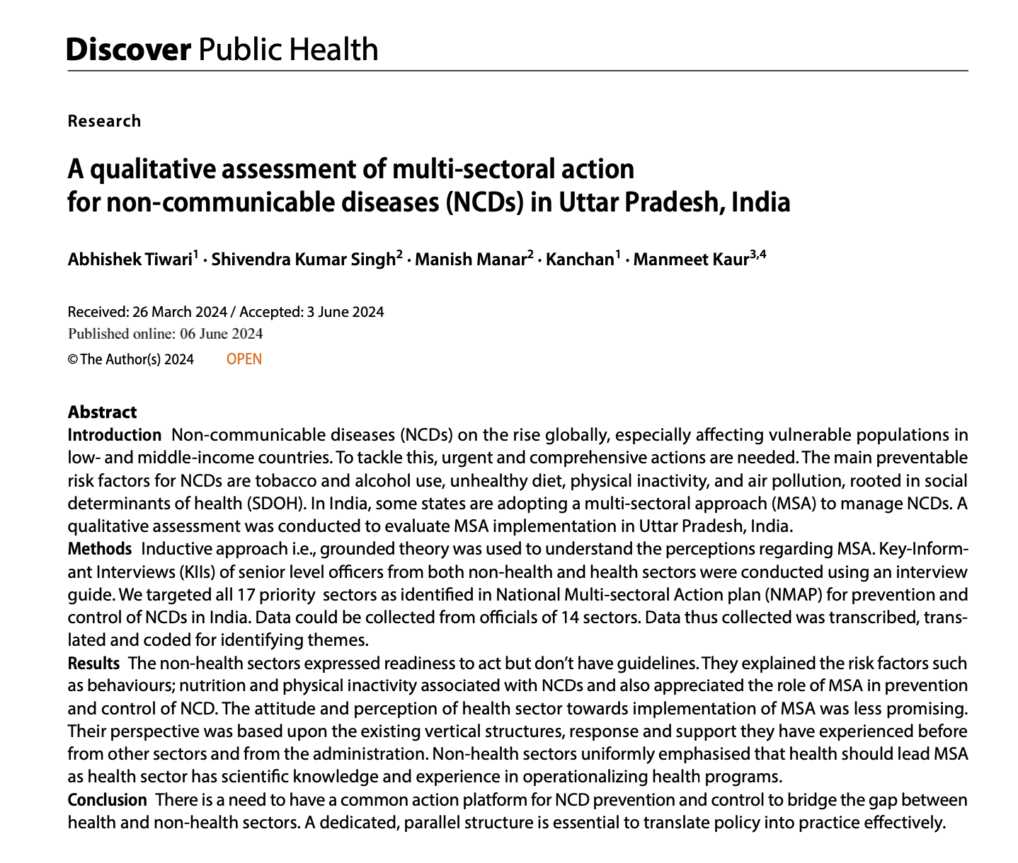 A qualitative assessment of multi-sectoral action for non-communicable diseases (NCDs) in Uttar Pradesh, India